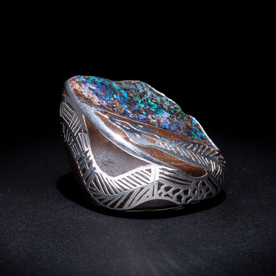 Australian Boulder opal specimen in pure silver art